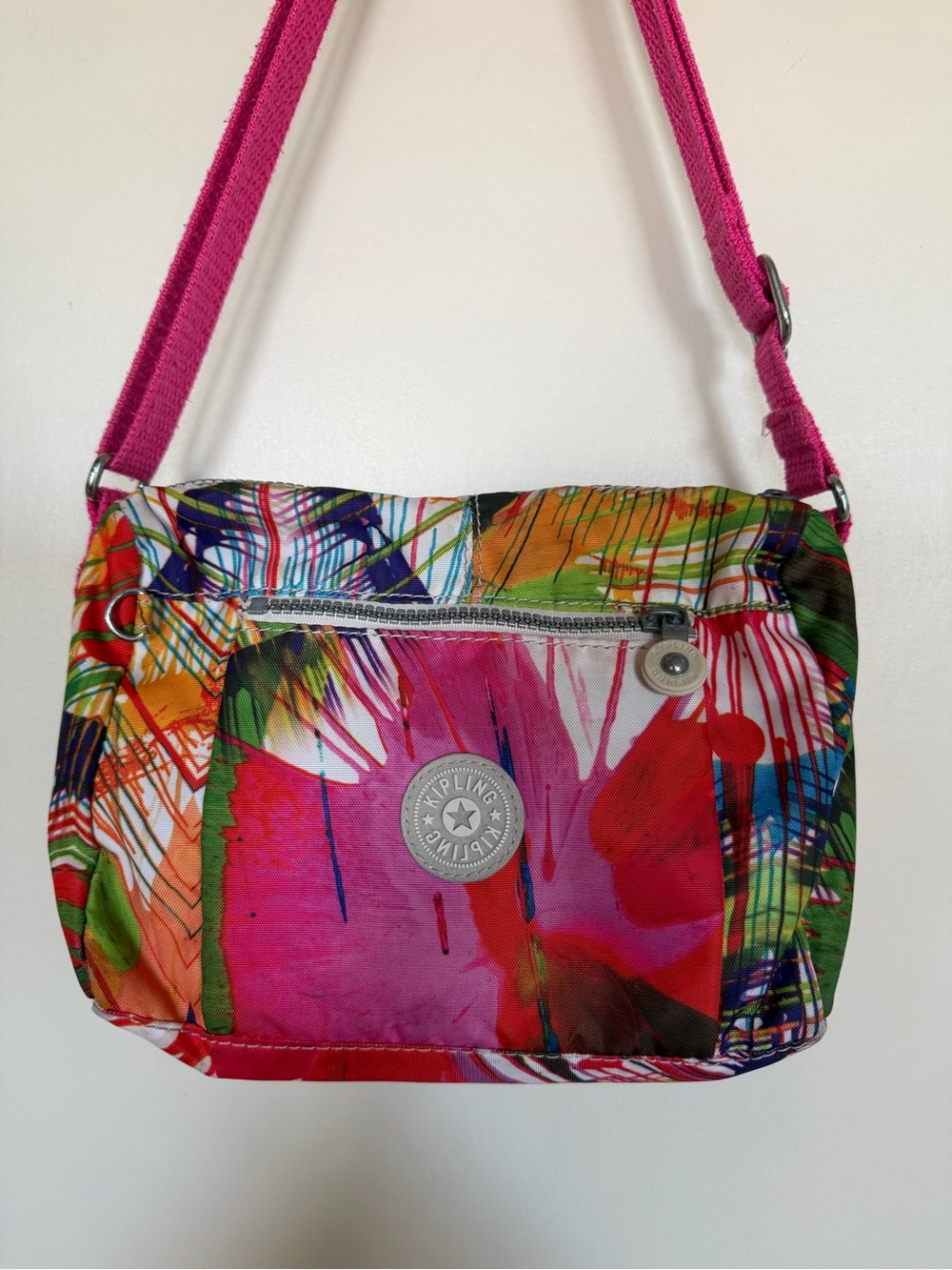 Kipling Colourful Abstract Print Crossbody Bag Pink Strap